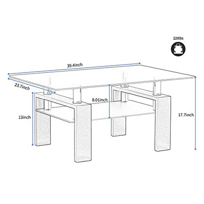 Rectangle Glass Coffee Table, Living Room Table with Black Metal Legs & Tempered Glass, Modern Center Table for Bedroom Small Space
