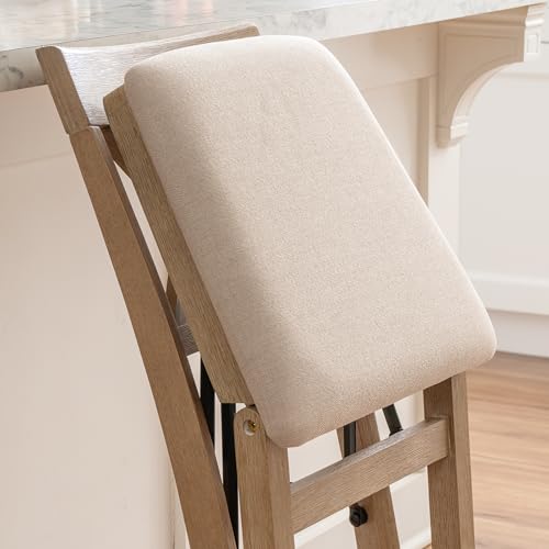 Triena X Back Neutral Greywash Wooden Fully Assembled Folding 24 Inch Seat Height Counter Stool with Beige Upholstered Seat