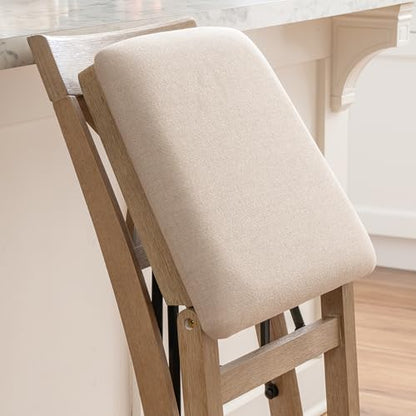 Triena X Back Neutral Greywash Wooden Fully Assembled Folding 24 Inch Seat Height Counter Stool with Beige Upholstered Seat