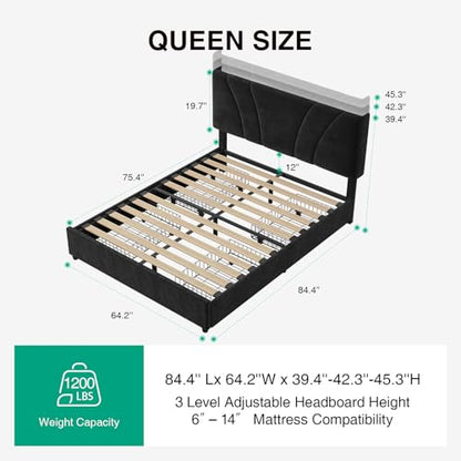 Queen Bed Frame with Drawers/Charging Station/LED Light, Black, view 3