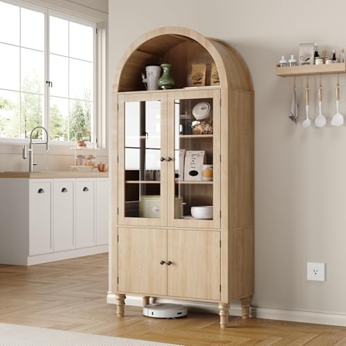 71" Tall Arched Pantry Cabinet, Modern Kitchen Storage Cabinet with Doors, 3 Adjustable Shelves, Door Shelves, Organizer, Versatile Cupboard for Kitchen, Bathroom, Natural