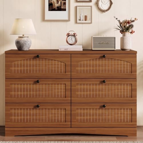 Fluted 6 Drawer Dresser, Wooden Chest of Drawers for Bedroom, Walnut, view 2