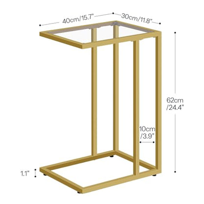 C Shaped End Table, Set of 2, Glass Side Table with Metal Frame, Gold Coffee Table for Small Space, Modern Style, for Living Room, Gold GD03SFP201