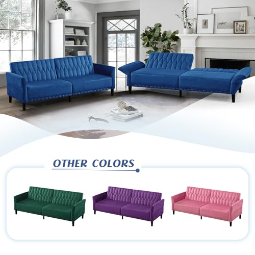 77” Velvet Sofa Bed with Adjustable Armrests and Backrests, Blue | Tufted Convertible Futon Couch with Nailhead Trim, Loveseat Modern Velvet Sleeper Sofa for Living Room,Bedroom,Office