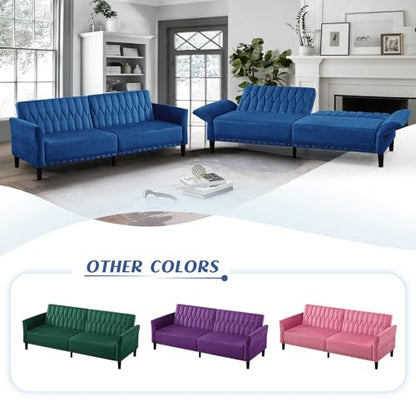 77” Velvet Sofa Bed with Adjustable Armrests and Backrests, Blue | Tufted Convertible Futon Couch with Nailhead Trim, Loveseat Modern Velvet Sleeper Sofa for Living Room,Bedroom,Office