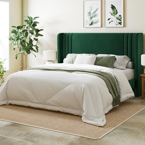 Queen Size Velvet Platform Bed Frame, Tall Wingback Headboard, Green, view 2