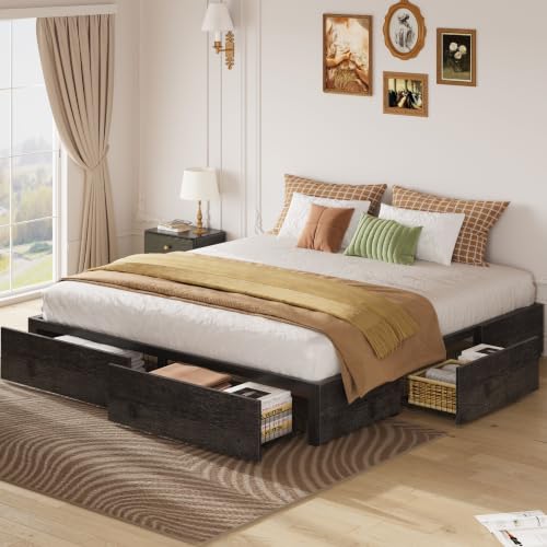 King Bed Frame with 4 Storage Drawers, Charcoal Grey, view 2