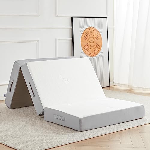 Folding Mattress, 6 Inch Memory Foam Tri-fold Mattress with Breathable & Washable Bamboo Fiber Fabric Cover, Foldable Floor Guest Bed for Camping, Road Trip, Twin