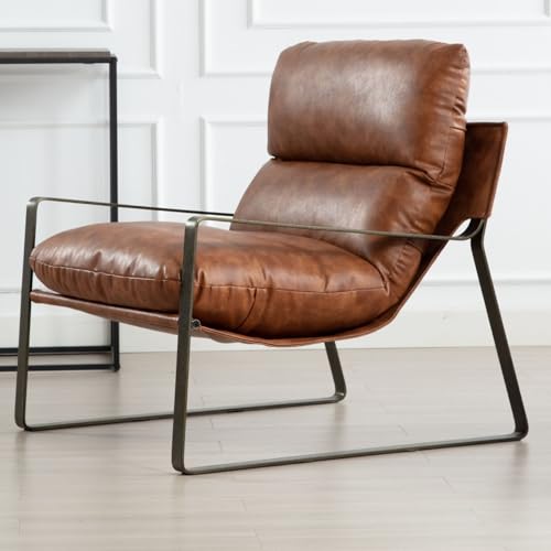 Modern PU Leather Accent Armchair, Upholstered Lounge Chair with Brass Metal Frame Thickened Cushion Comfy Leisure Chair with Lychee Grain for Bedroom Living Room, Brown
