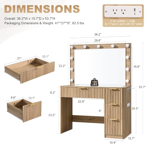 36" Oak Fluted Vanity Desk with Mirror, Adjustable LED & 4 Drawer, view 3