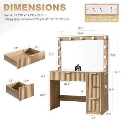 36" Oak Fluted Vanity Desk with Mirror, Adjustable LED & 4 Drawer, view 3