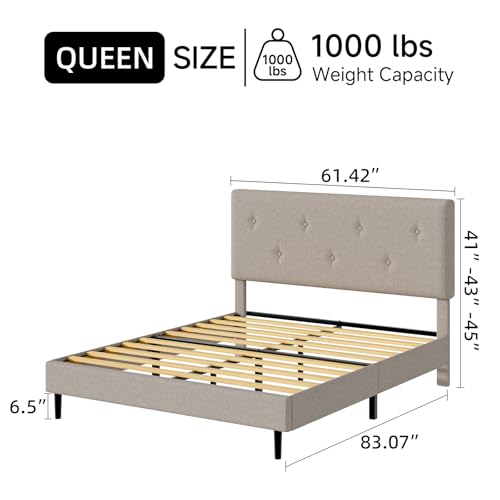 Queen Size Linen Bed Frame with Adjustable Headboard Beige, view 3