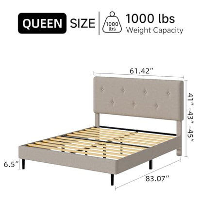 Queen Size Linen Bed Frame with Adjustable Headboard Beige, view 3