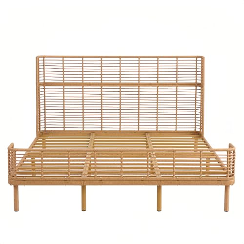 Boho Rattan California King Bed Frame with Headboard, Natural Finish, view 6