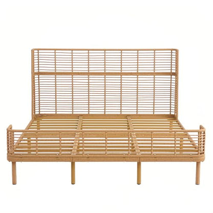 Boho Rattan California King Bed Frame with Headboard, Natural Finish, view 6