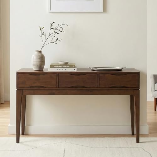 Harper Console Table - 54 Inch Wide Solid Hardwood Sofa Table in Walnut Brown, Mid-Century Modern Storage Table for Entryway or Living Room with 3 Drawers, Notched Handles, and Tapered Legs