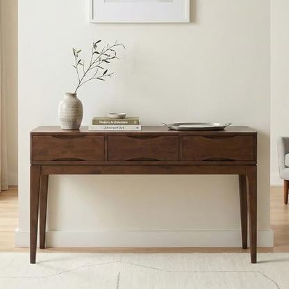 Harper Console Table - 54 Inch Wide Solid Hardwood Sofa Table in Walnut Brown, Mid-Century Modern Storage Table for Entryway or Living Room with 3 Drawers, Notched Handles, and Tapered Legs