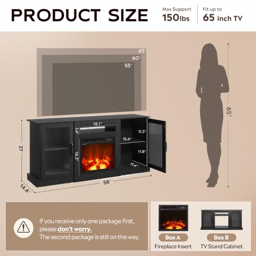 Fireplace TV Stand for 65 in TVs, Media Console with Storage, Black, view 3