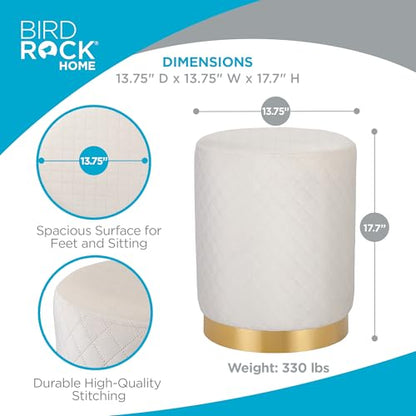 Velvet Round Ottoman Foot Stool with Lattice Design and Gold Trim - Soft, Padded Foot Rest for Living Room or Bedroom – Decorative Foot Ottoman for Chair, Rocking Chair or Couch (Cream)