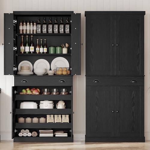 Kitchen Pantry Cabinet 72" Height, Freestanding Cupboard with Drawer, Sliding Storage Rack, and 6 Hanging Shelves for Dining Room, Laundry, Living Room, Black