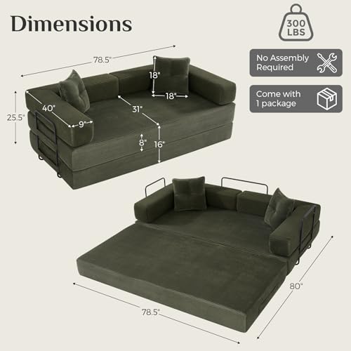 78 Inch Convertible Boneless Sleeper Sofa Bed, Modular Foldable Floor Couch, Corduroy Fabric, Memory Foam Filling, Modern Comfy Loveseat for Living Room, Small Spaces, Assembly Free, Green