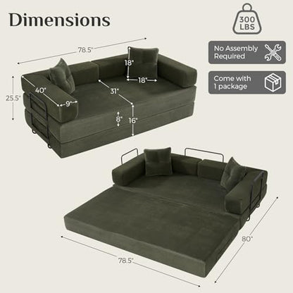 78 Inch Convertible Boneless Sleeper Sofa Bed, Modular Foldable Floor Couch, Corduroy Fabric, Memory Foam Filling, Modern Comfy Loveseat for Living Room, Small Spaces, Assembly Free, Green