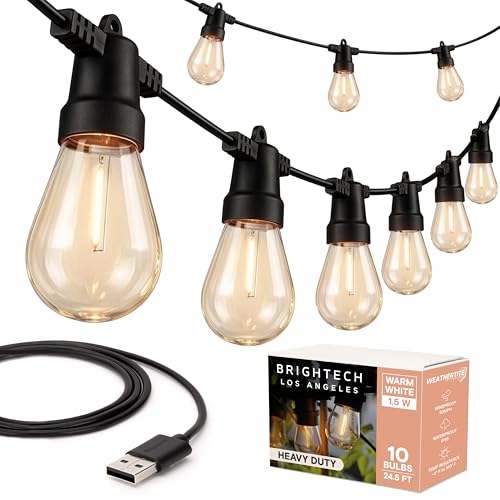 Ambience Pro USB Powered String Lights - 24 Ft Commercial Grade Waterproof String Lights - Outdoor Shatterproof Patio Lights for Camping, Backyard, Porch, Christmas - 1W 12 Bulbs, Warm White