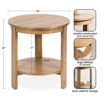 Foxford Tiered Round Side Table; 22 x 22 x 24; Natural Brown; Transitional Two-Tier Circle Nightstand Table with Storage and Resilient Wood Construction for Bedroom Decor