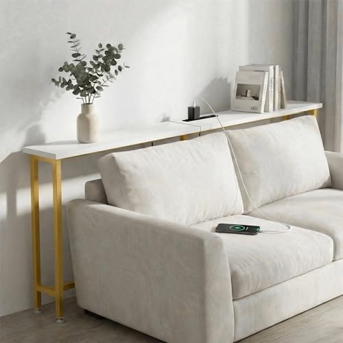 90" Narrow Sofa Table with Outlets (2 AC Outlets & 2 USB Ports), Behind Couch Table with Charging Station, Long Skinny Console Table for Living Room, Entryway and Hallway (White & Gold)