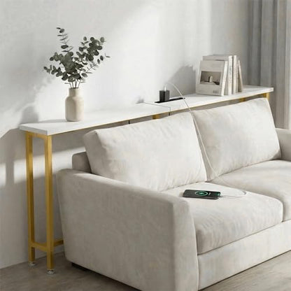 90" Narrow Sofa Table with Outlets (2 AC Outlets & 2 USB Ports), Behind Couch Table with Charging Station, Long Skinny Console Table for Living Room, Entryway and Hallway (White & Gold)