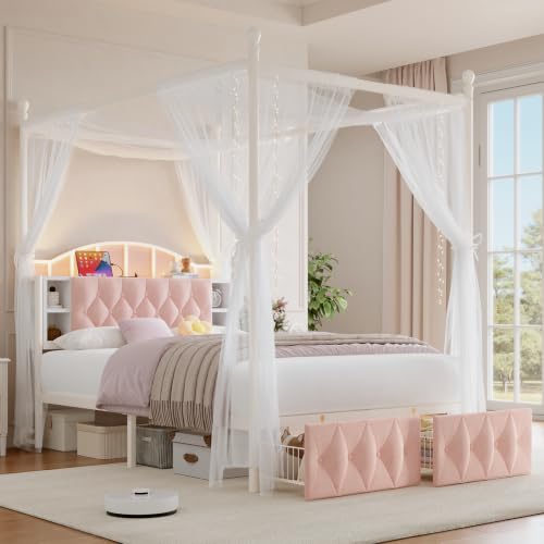 Queen Size Upholstered LED Canopy Bed Frame with 2 Drawers and & Charging, view 3