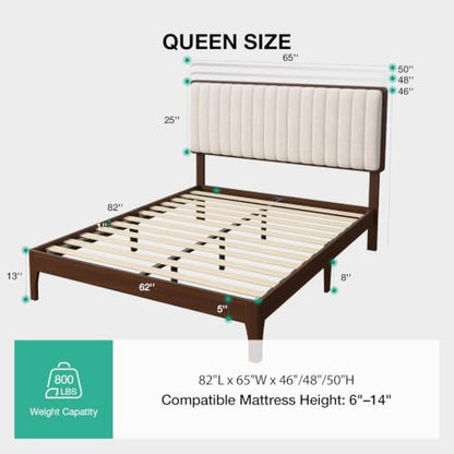 Queen Size Bed Frame with 3-Level Adjustable Upholstered Headboard, view 3