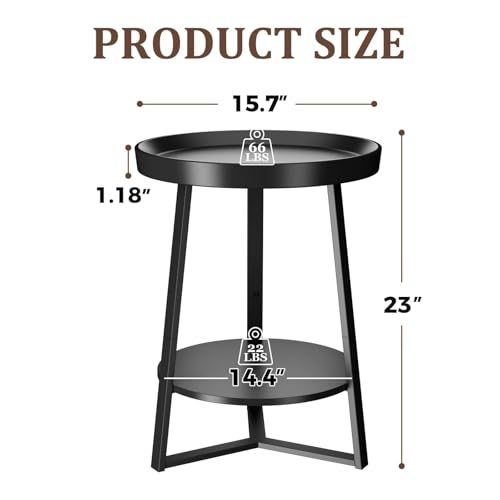 Round End Table with Storage Shelf, 2 Tier Farmhouse Side Table Nightstand for Living Room, Bedroom, Wood Tabletop & Black Metal Frame, Black 15.7 * 15.7 * 23.0inches