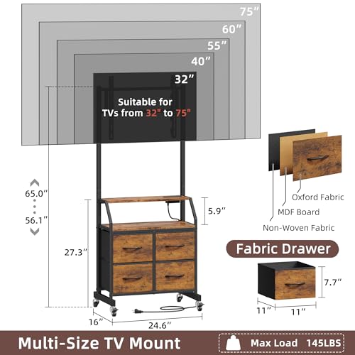Rolling TV Stand with Mount & 4 Fabric Drawers for 32-75 inch TVs, view 3