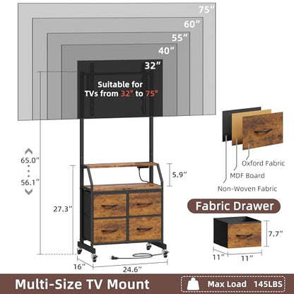 Rolling TV Stand with Mount & 4 Fabric Drawers for 32-75 inch TVs, view 3