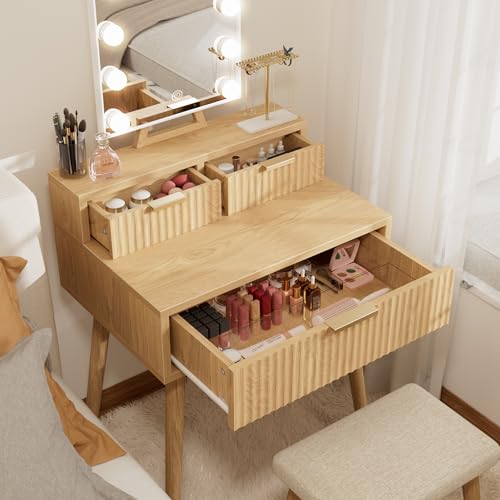 Small Vanity Desk with Hollywood Mirror and Lights, Girls Vanity with Stool, view 4