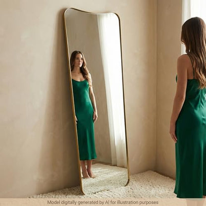 Full Length Mirror 21" x 64", Gold Decorative Full Body Mirror with Stainless Steel Thin Frame, Italian Curved Edge Design, Wall Mount or Leaning for Bedroom, Cloakroom, Living Room
