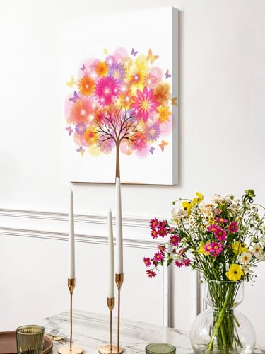 NuYeBiofx Colorful Flowers Butterflies Tree Canvas Wall Art Prints,48"x32" Framed Picture Artwork Abstract Botantical Printed Canvas Oil Painting for Living Room Bedroom Office,Ready to Hang