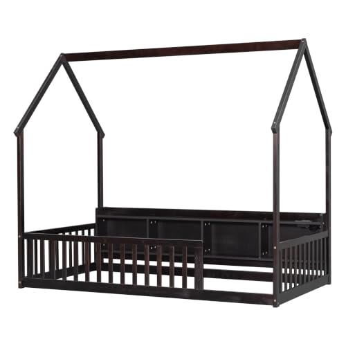 JIVOIT Twin Size House-Shaped Floor Bed with Storage Shelves | Pine Wood Floor Bed, Floor Playhouse Bed Frame, Safety Guardrails, Fence Design, Easy Assemble, No Box Spring Needed