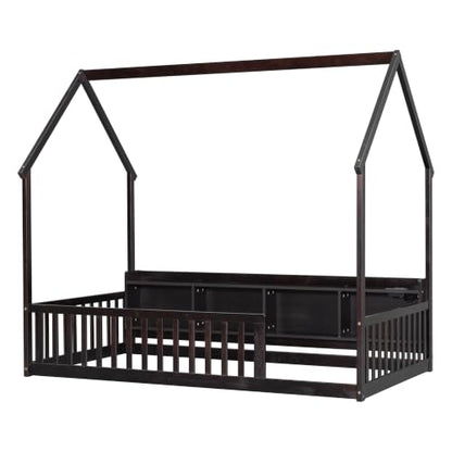 JIVOIT Twin Size House-Shaped Floor Bed with Storage Shelves | Pine Wood Floor Bed, Floor Playhouse Bed Frame, Safety Guardrails, Fence Design, Easy Assemble, No Box Spring Needed