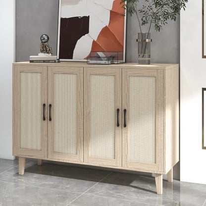 Buffet Storage Cabinet with Rattan Decorating 4 Doors Living Room Kitchen Sideboard 48.43 x 34.65 x 15 inch (Natural Wood)