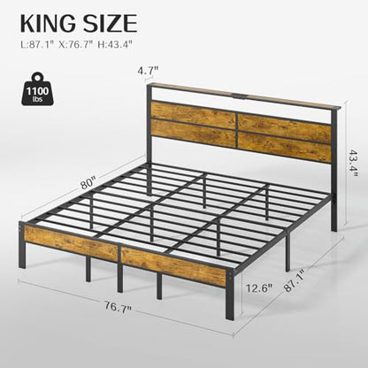 King Size Bed Frame with Storage Headboard, LED Lights, view 3
