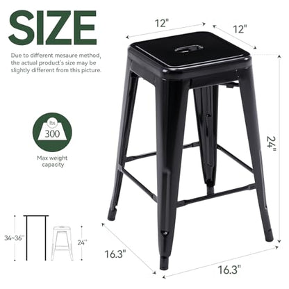 24 Inch Metal Bar Stools, Backless Counter Height Barstools, Indoor Outdoor Stackable Stools with Square Seat, Set of 4 (Black)