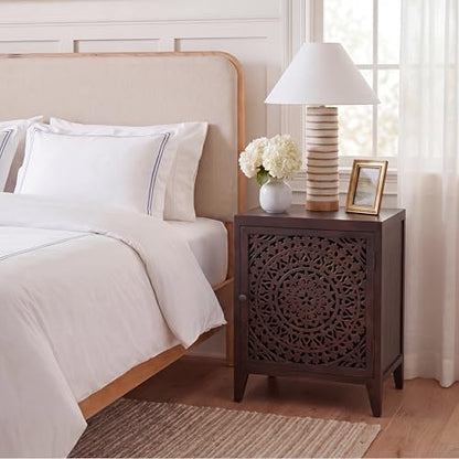 SAFAVIEH Furniture - Thea 1-Door Carved Nightstand - Brown - Mango Wood - Artisan Global Design - Ideal for Bedroom, 20"W x 14"D x 26"H - Fully Assembled (NST5300A)