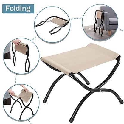 15" Foldable Foot Stool Ottoman with Metal Frame - Washable Red Upholstered Indoor/Outdoor Footrest for Living Room, Bedroom, Patio - Space-Saving Compact Design