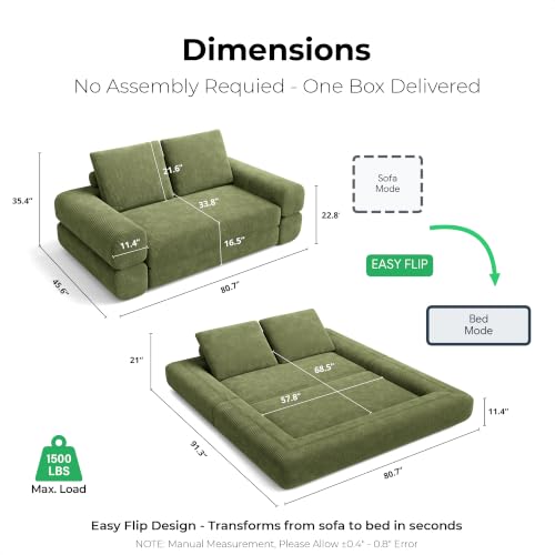 FlipNest Convertible Sleeper Sofa Bed Floor Sofa 3-in-1 No Assembly, Foldable Mattress with Corduroy Upholstery Olive Green, Lounge Loveseat Couch for Living Room Studio Guest Room