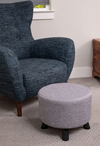 Grey Linen Foot Stool Ottoman – Soft Compact Round Padded Seat – Living Room and Bedroom – Black Wood Legs Upholstered Decorative Furniture Rest – Vanity Seat