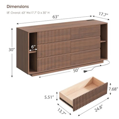 63 Inch Fluted 6 Drawers Dresser with Shelves, Walnut, view 3