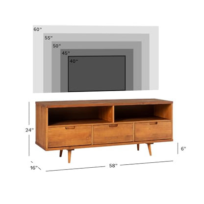 3-Drawer Mid Century Modern Wood TV Stand for TV's up to 65" Flat Screen Cabinet Door Living Room Storage Entertainment Center, 58 Inch, Caramel