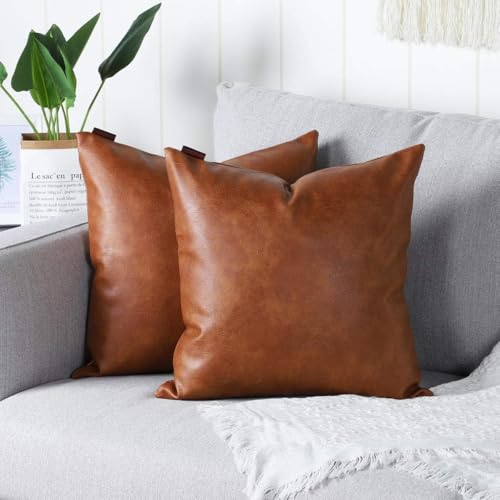 Set of 2 Faux Leather Decorative Throw Pillow Covers Modern Solid Outdoor Cushion Cases Luxury Pillowcases for Couch Sofa Bed 20x20 Inches Brown